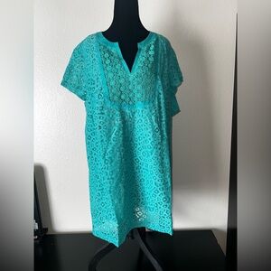 Isaac Mizrahi Mixed Aqua Lace Lined Tunic Vneck Blouse 3X